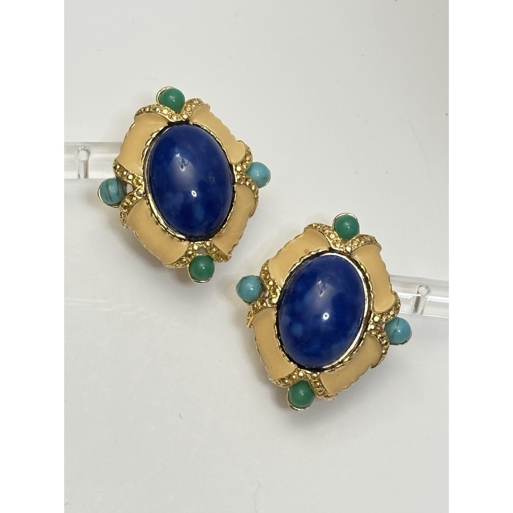 Vintage Blue Statement Stud Earrings Cream Enamel Gold Tone Turquoise Accents